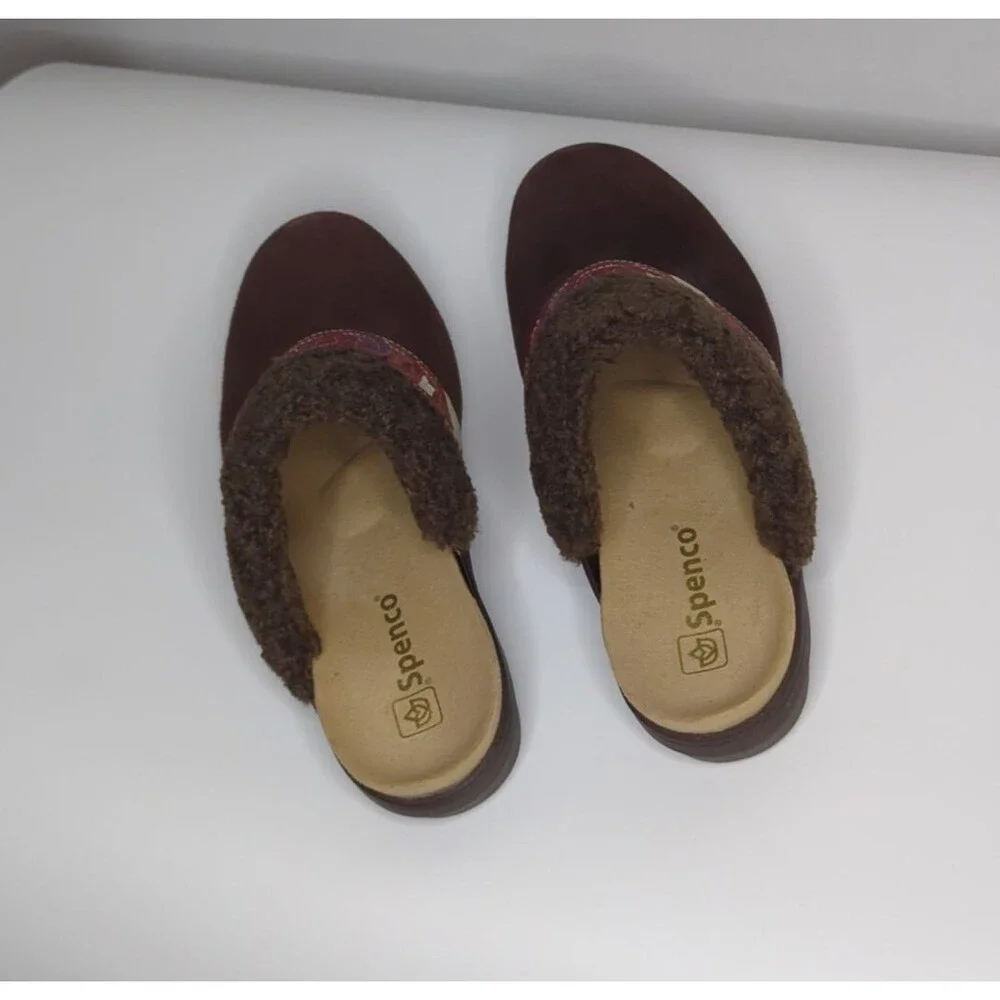 NWOT Spenco Sz 8.5 Women's Slides Clogs Wedge Heel Suede Brown Fur Lined Upper